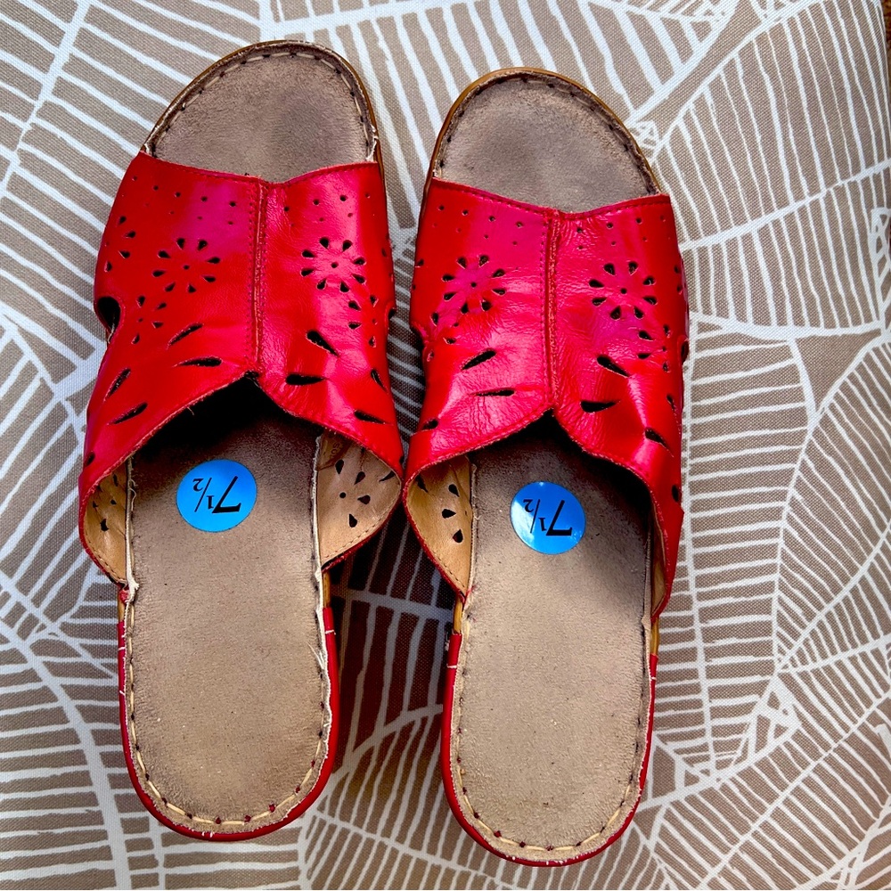 Shoes | Perforated Red Leather Slip On Wedge Sandal Size 7.5